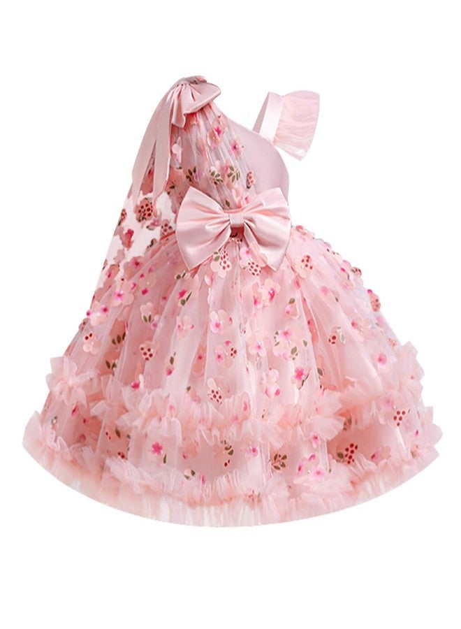 OBEEII Birthday Dress for Baby Girls 3D Flower Baptism Tutu Dress Asymmetric Shoulder Bowknot Princess Party Photoshoot Outfit Formal Prom Pageant Tulle Gown Light Pink-3D Flower 9-12 Months - Image 1
